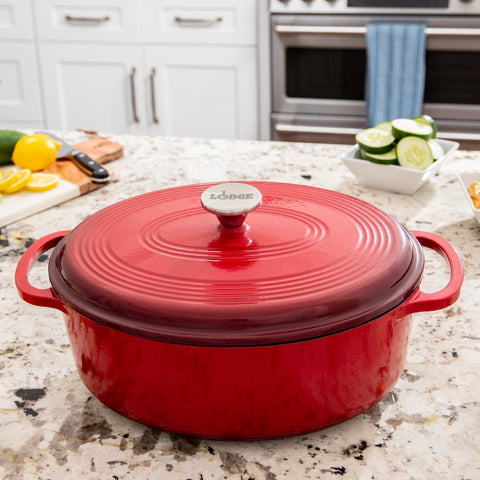 Lodge Manufacturing EC7OD43 7 Quart Red Enameled Cast Iron Oval Dutch Oven