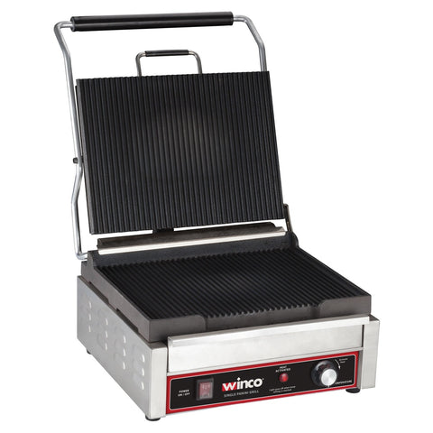 Winco EPG-1C Single Panini Grill with 14 x 12 Ribbed Cast Iron Plates