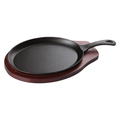 Winco FS-2 Cast Iron Fajita Server 2-Piece Set with Wooden Underliner