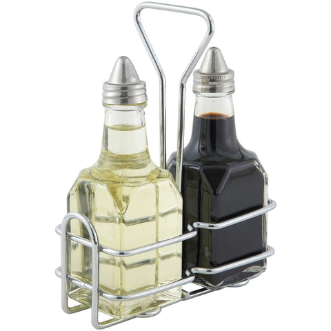 Winco G-104S Two 6 oz Square Glass Cruet Set with Chrome-Plated Rack