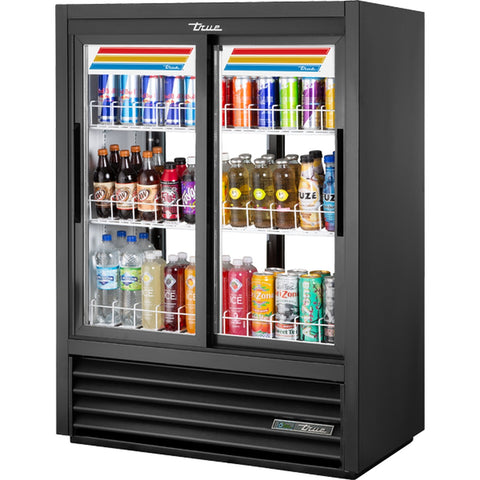 True Manufacturing GDM-33CPT-54-HC-LD Slide Door Lower Height Narrow Depth Fast Lane Pass-Thru Merchandiser Refrigerator