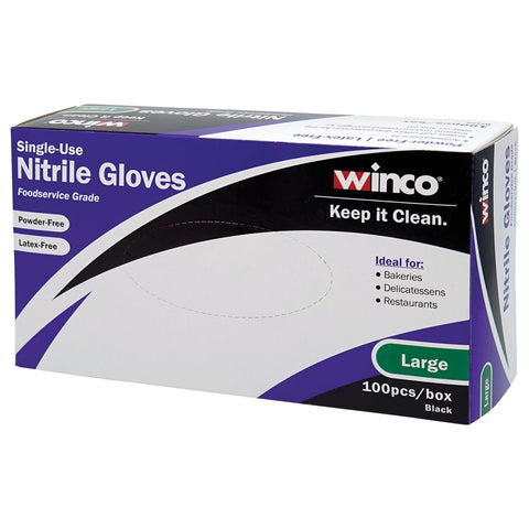 Winco GLN-LB Disposable Nitrile Gloves, Black, Large, Powder-Free, 100/Box