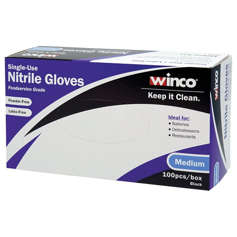 Winco GLN-MB Disposable Nitrile Gloves, Medium, Black, Powder-Free, 100/Box