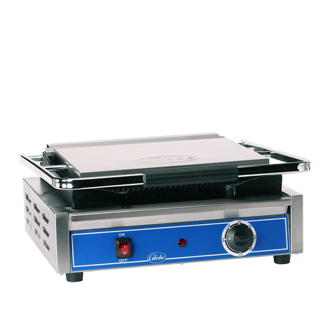 Globe GPG1410 Mid-Size Panini Grill, 14 x 10 in Grooved Cast Iron Plates, 120V