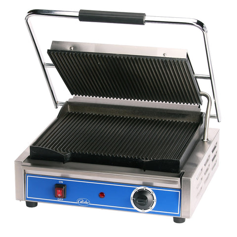 Globe GPG1410 Mid-Size Panini Grill, 14 x 10 in Grooved Cast Iron Plates, 120V