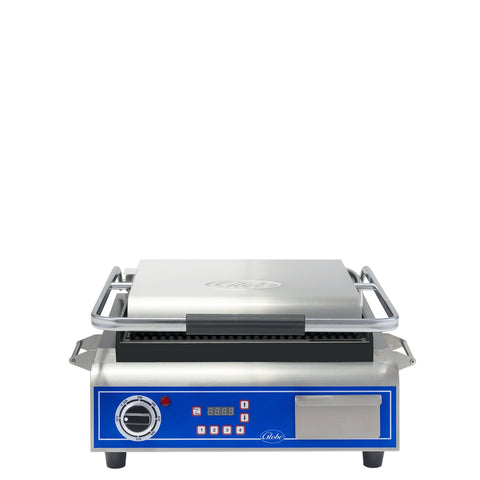 Globe GPG14D Deluxe Single Panini Grill, 14 x 14 Grooved Cast Iron Plates, 120V