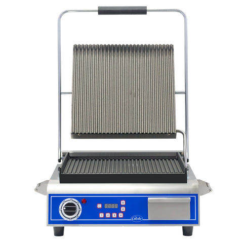 Globe GPG14D Deluxe Single Panini Grill, 14 x 14 Grooved Cast Iron Plates, 120V