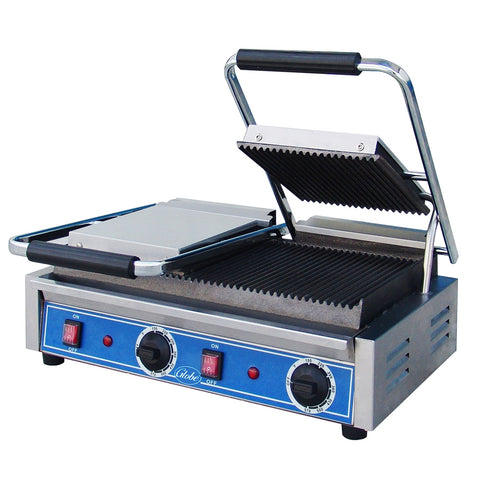 Globe GPGDUE10 Bistro Series Double Panini Grill, Grooved Cast Iron Plates, 208-240V