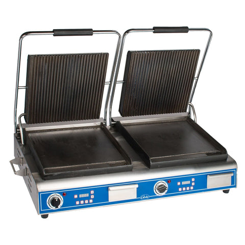 Globe GPGSDUE14D Deluxe Double Combination Plate Panini Grill (Grooved Top, Smooth Bottom), 208/240V