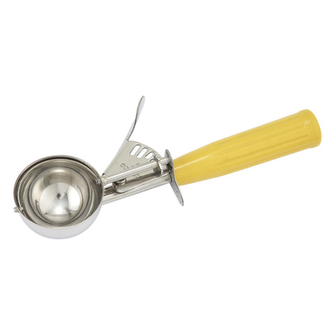 Winco ICD-20 Stainless Steel Thumb Press Disher with Yellow Plastic Handle, Size #20