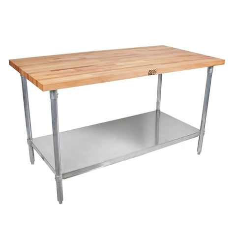 John Boos JNS09-X 48" x 30" Northern Hard Rock Maple Work Table with Galvanized Base and Adjustable Undershelf