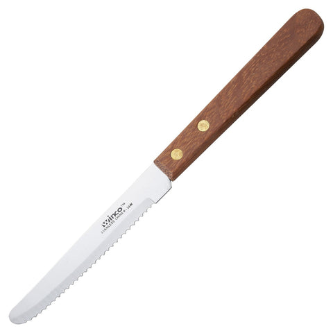 Winco K-55W Serrated Steak Knife with 4-1/2" Blade and Wooden Handle