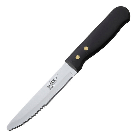 Winco K-85P Jumbo Steak Knife with 5" Serrated Blade and Black Plastic Riveted Handle