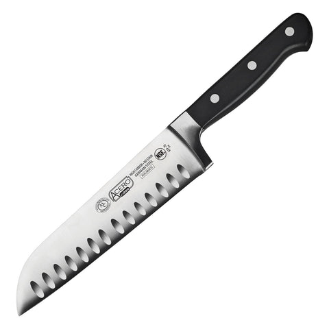 Winco KFP-70 Acero 7" Santoku Knife with Granton Edge and Black POM Handle