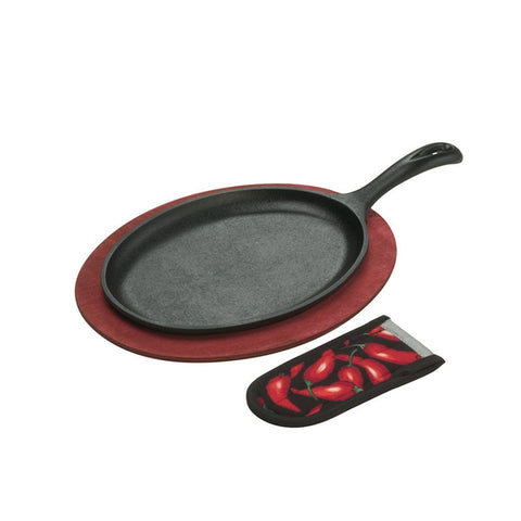 Lodge LFSR3 Pre-Seasoned Cast Iron Fajita Set with Wood Underliner and Chili Pepper Handle Holder
