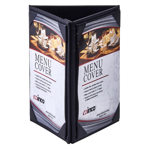 Winco LMTT-57BK Triple-View Menu Tent for 5" x 7" Inserts, Black Leatherette