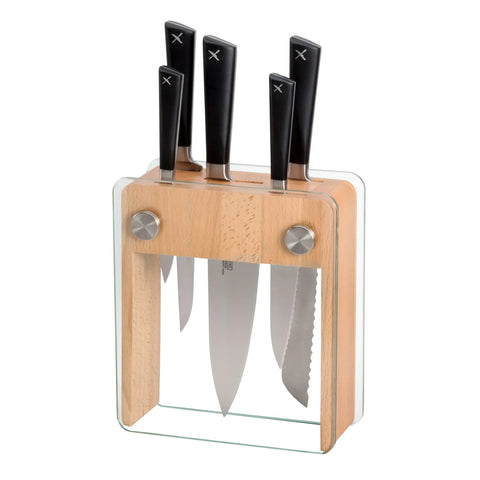 Mercer Culinary M19105 ZüM 6-Piece Knife Block Set with Rubberwood and Tempered Glass Block