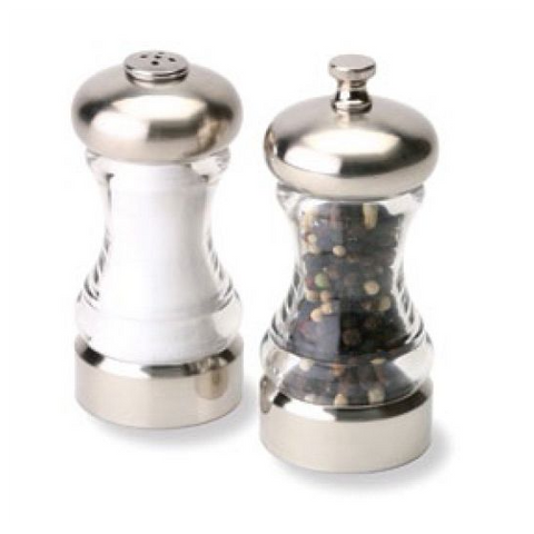 5004-00 Olde Thompson Monterey Set 4.5" Clear Body Brushed Top & Base W/alt & Black Pepper - Each