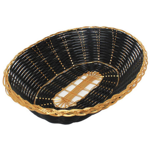 Thunder Group PLBB900G Oval Poly Woven Serving Basket, Black with Gold Trim, 9-1/4" x 7"