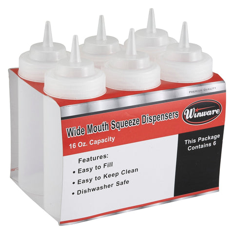 Winco PSW-12 12 oz Wide Mouth Clear Squeeze Bottle, 6-Pack