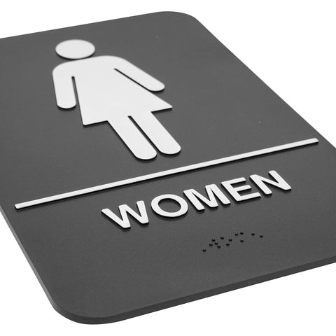 Winco SGNB-606 Women's Restroom Sign with Braille, 6"W x 9"H, Black Plastic