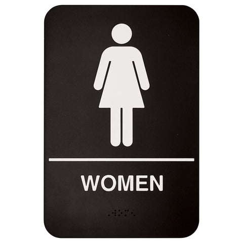 Winco SGNB-606 Women's Restroom Sign with Braille, 6"W x 9"H, Black Plastic