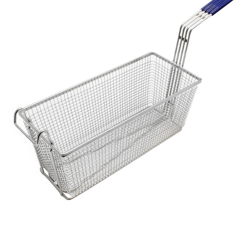Thunder Group SLFB005 Nickel-Plated Fryer Basket with Blue Coated Handle and Front Hook (13 3/8 x 5 3/4 x 5 3/4 in)
