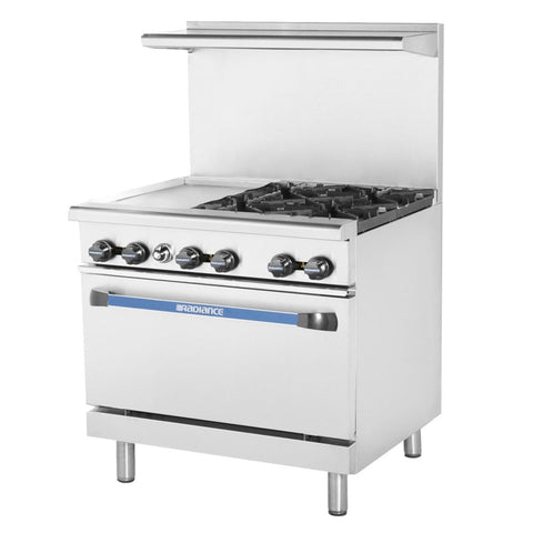 Turbo Air TARG-12G4B Radiance 36 Inch 4-Burner Gas Range with 12 Inch Left Griddle and Standard Oven