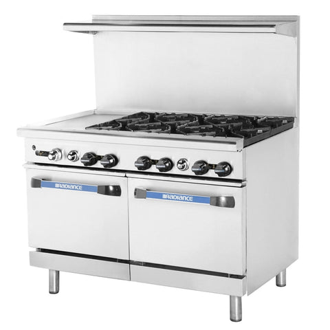 Turbo Air TARG-12G6B Radiance 48 in Gas Range with 6 Open Burners, 12 in Left Griddle, and Double Standard Ovens