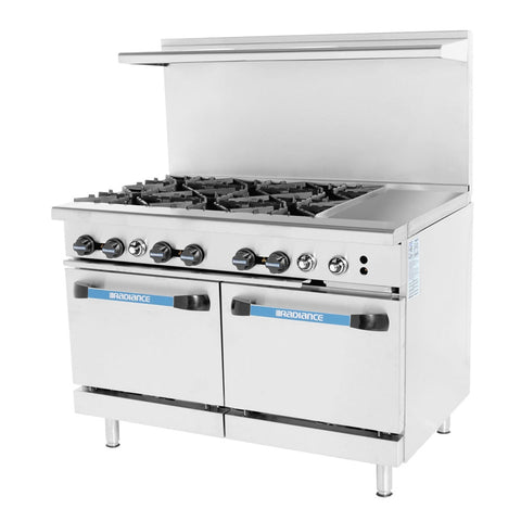 Turbo Air TARG-6B12G Radiance 48 inch Gas Restaurant Range with 6 Open Burners, 12 inch Right Griddle and Double Standard Ovens