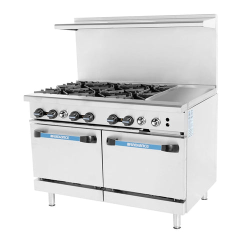 Turbo Air TARG-6B12G Radiance 48 inch Gas Restaurant Range with 6 Open Burners, 12 inch Right Griddle and Double Standard Ovens