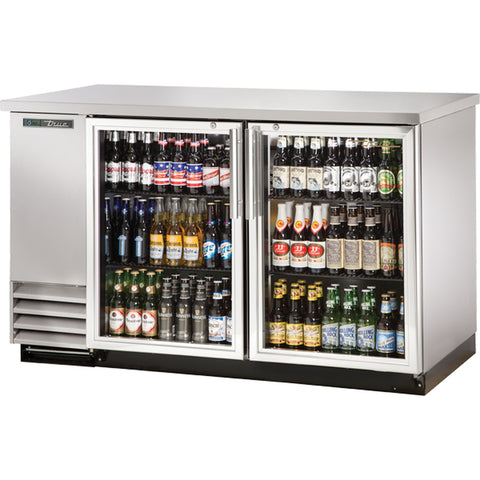 True Manufacturing TBB-2G-S-HC-LD Stainless Steel 2-Door Glass Swing Door Back Bar Refrigerator with LED Lighting