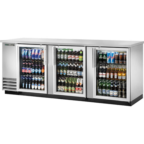 True Manufacturing TBB-4G-S-HC-LD 90 3/8" Glass Door Stainless Steel Back Bar Refrigerator with LED Lighting