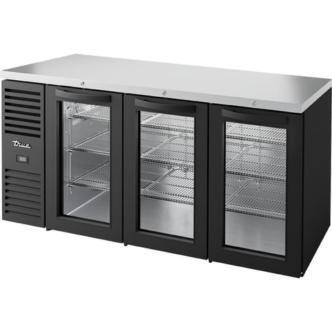 True Mfg TBR72-RISZ1-L-B-GGG-1 72" Back Bar Refrigerator with 3 Glass Swing Doors, Black
