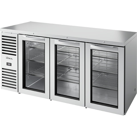 True TBR72-RISZ1-L-S-GGG-1 72" Back Bar Refrigerator with 3 Swinging Glass Doors, Stainless Steel
