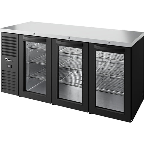 True TBR84-RISZ1-L-B-GGG-1 84" Black 3-Door Back Bar Refrigerator with Swinging Glass Doors