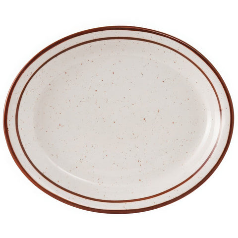 Tuxton China TBS-014 Bahamas 13 1/4" x 10 1/2" Brown Speckle Narrow Rim Oval China Platter