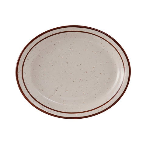 Tuxton China TBS-041 Bahamas 8-1/2" x 6-7/8" Oval China Platter - American White/Eggshell with Brown Speckle