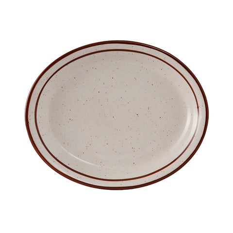 Tuxton China TBS-041 Bahamas 8-1/2" x 6-7/8" Oval China Platter - American White/Eggshell with Brown Speckle