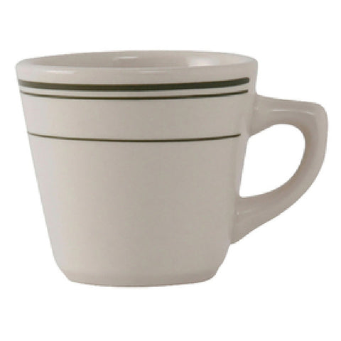 Tuxton China TGB-001 Green Bay 7 oz. Eggshell China Tall Cup with Green Bands
