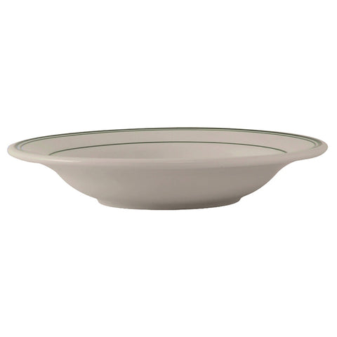 Tuxton China TGB-003 Green Bay 9 oz. Wide Rim Round Soup Bowl - American White/Eggshell with Green Bands