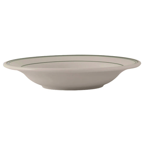 Tuxton China TGB-003 Green Bay 9 oz. Wide Rim Round Soup Bowl - American White/Eggshell with Green Bands