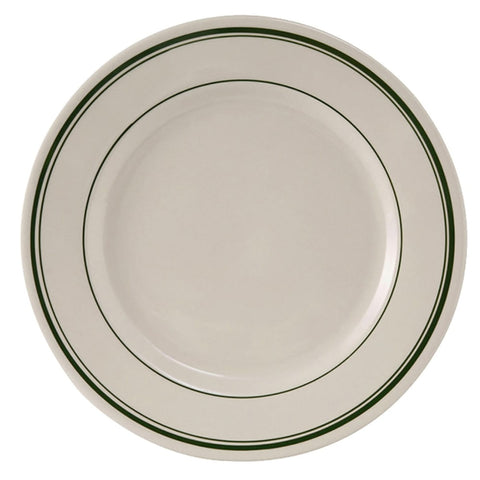 Tuxton China TGB-006 6-5/8" Round Green Bay Ceramic Plate, American White/Eggshell with Green Band