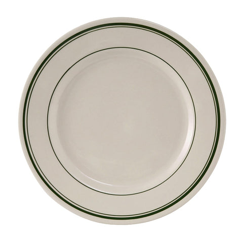 Tuxton China TGB-009 9-5/8" Round Green Bay Ceramic Dinner Plate, American White/Eggshell with Green Band
