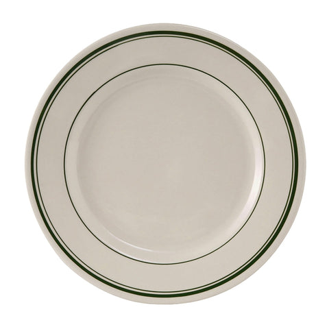 Tuxton China TGB-009 9-5/8" Round Green Bay Ceramic Dinner Plate, American White/Eggshell with Green Band