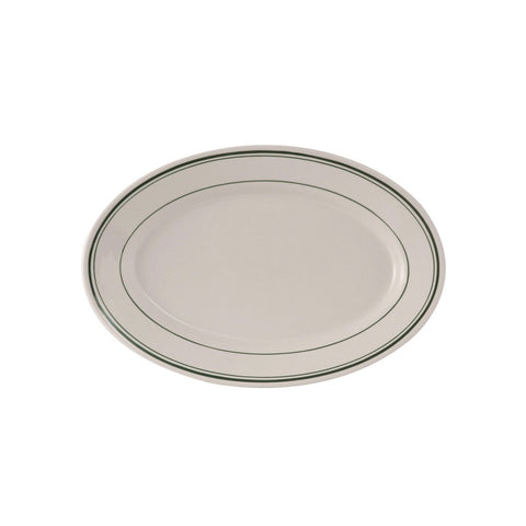 Tuxton China TGB-012 Green Bay 10-1/2" x 7-3/8" Eggshell Oval China Platter with Green Bands