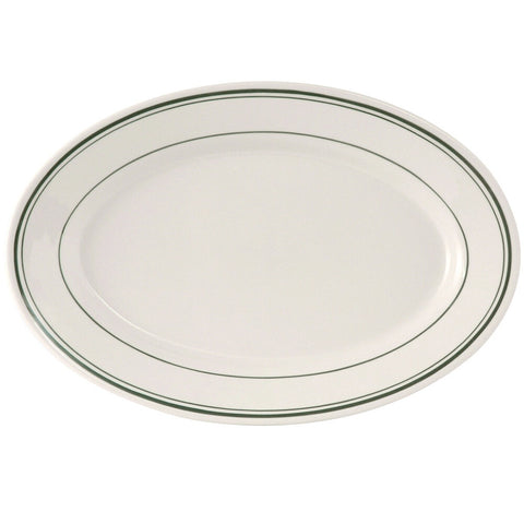 Tuxton China TGB-033 Green Bay 7" x 4 5/8" Eggshell Wide Rim Rolled Edge Oval China Platter with Green Bands