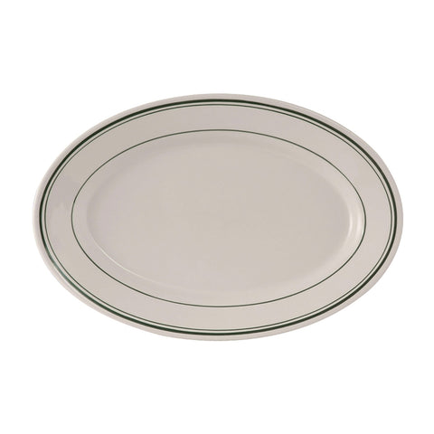 Tuxton China TGB-034 Green Bay 9-3/8" x 6-1/2" Oval China Platter - American White/Eggshell with Green Bands