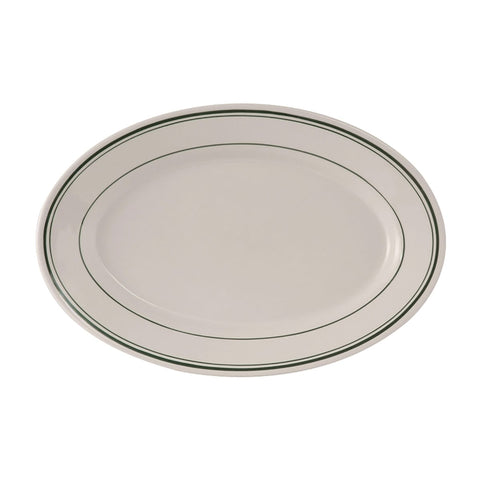 Tuxton China TGB-034 Green Bay 9-3/8" x 6-1/2" Oval China Platter - American White/Eggshell with Green Bands