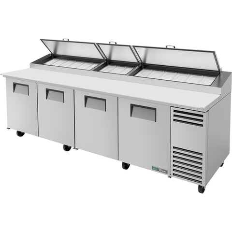 True Manufacturing TPP-AT-119-HC 4-Door Refrigerated Pizza Prep Table with Angled Top